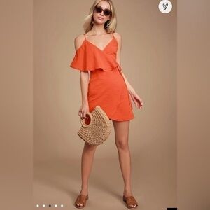 Lulus women’s Mia Rae orange asymmetrical mini wrap dress